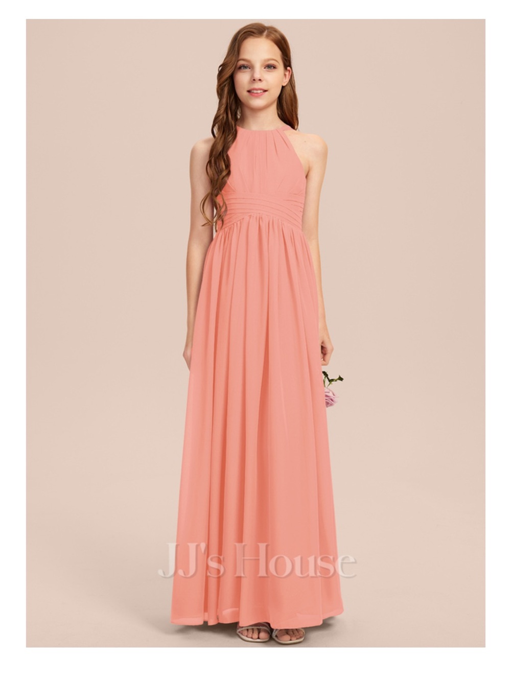 JJs House Girls' Coral Halter Floor-Length Dress. Size J 14